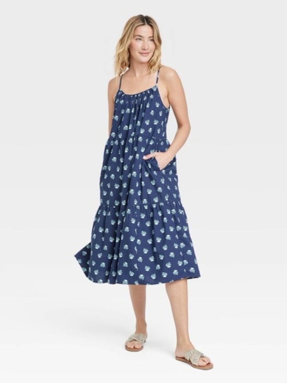 Universal Thread Blue Cotton Boho Tiered Midi Summer Dress, L NWOT